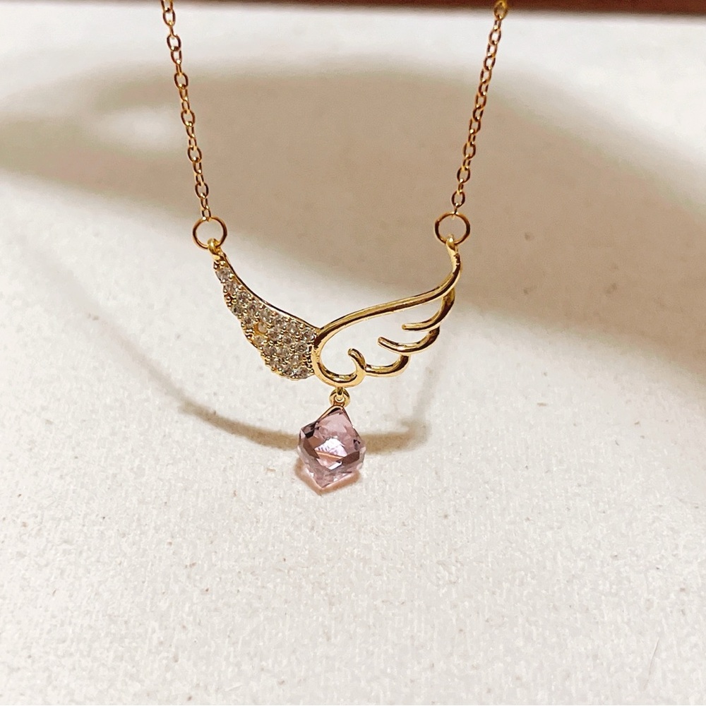 Angle Wing With Dangle Pink Stone Cube Necklace - image 5